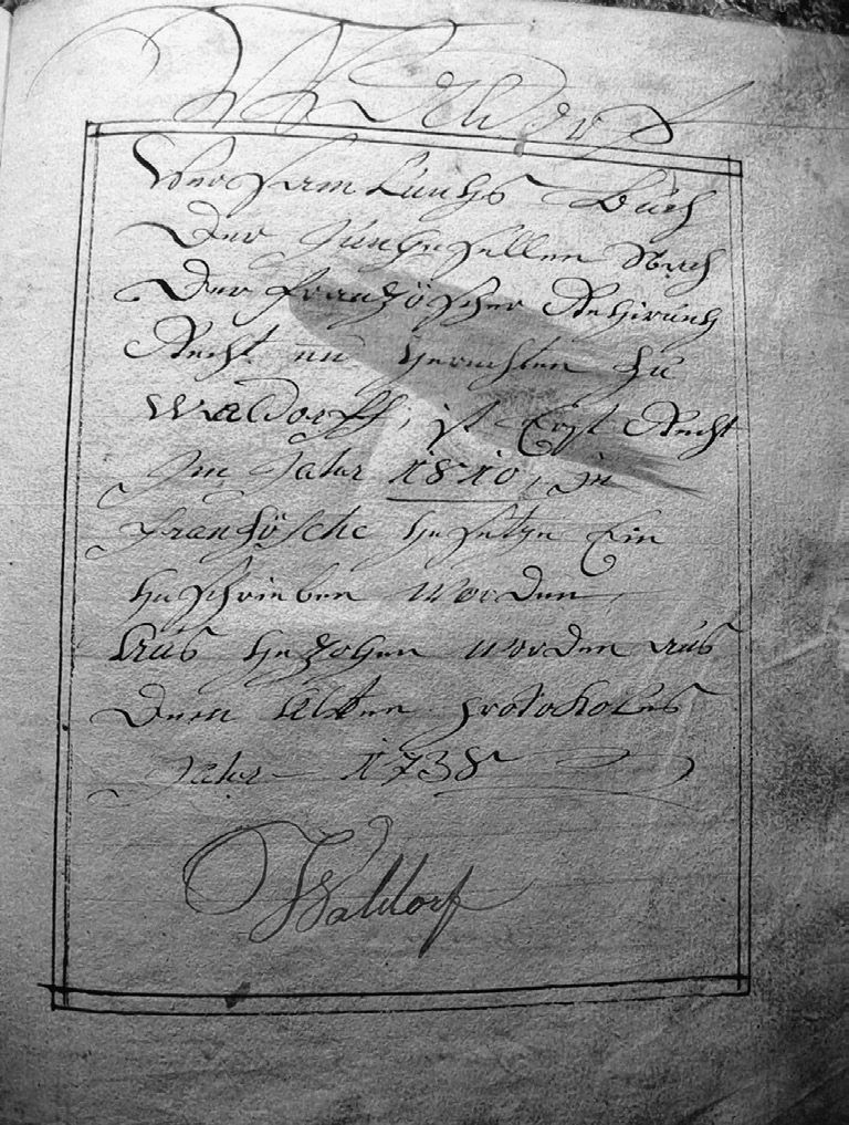 Die erste Seite des Versammlungsbuches von 1810: Am Ende des Textes erfolgt die Bezugnahme auf das Protokoll von 1738.